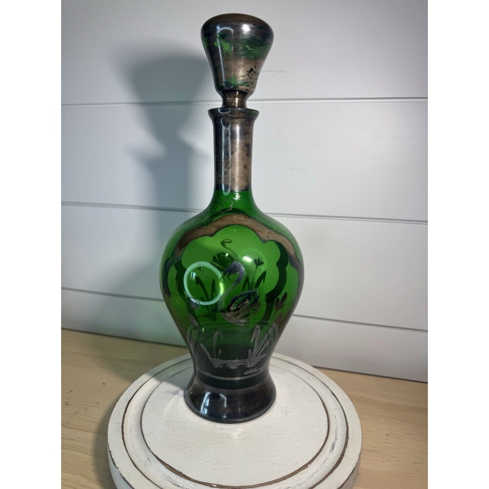 Antique Green Silver Overlay Decanter Geese Swan Bird Design Blown Glass Stopper